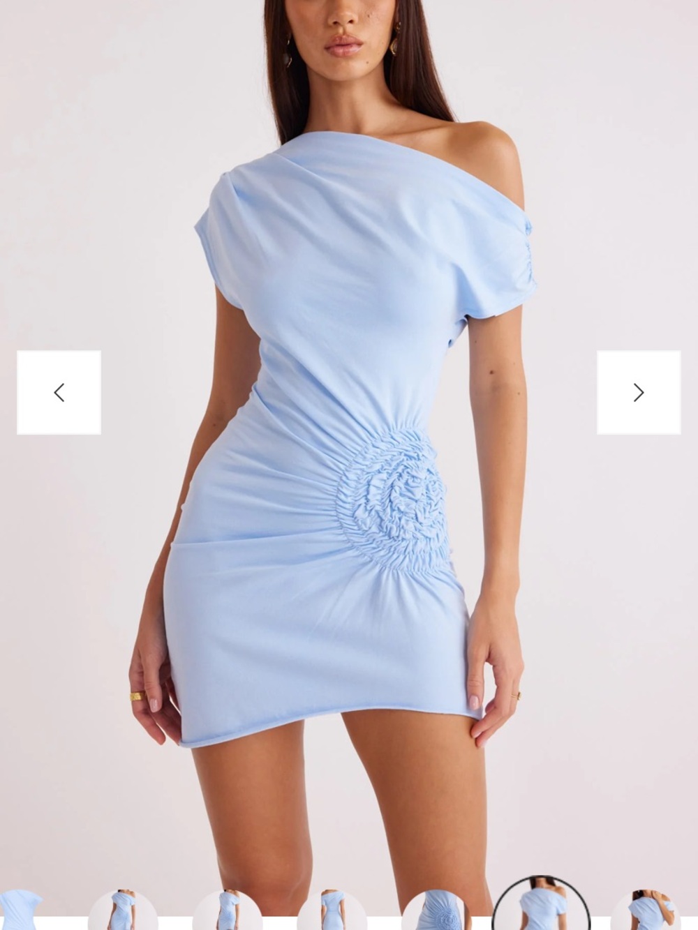 One-Shoulder Light Blue Ruched Mini Dress